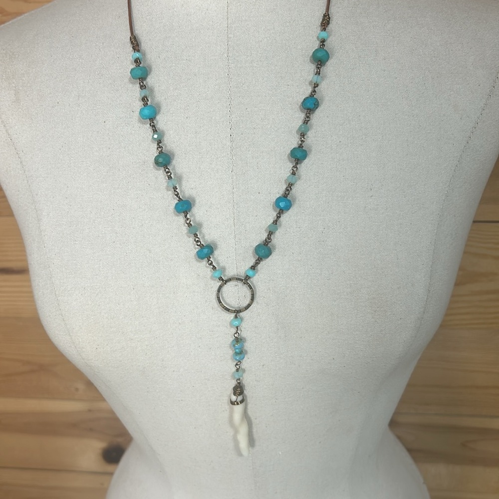 LAST CALL Artisan turquoise leather ivory boho western rodeo layering Y Necklace